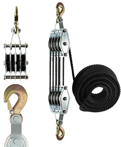 MFUSUL Flaschenzug 8:1, mit 20m Nylon Seil und Haken, 270° Drehbar Arbeitssparender, Seilzug mit Sicherheits-Haken für Bewegen Schwerer Gegenstände, Lagerhäuser