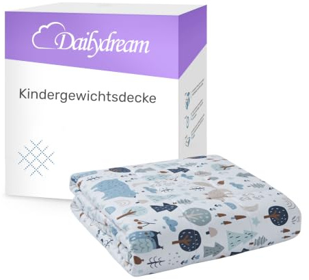 Dailydream Gewichtsdecke Kinder 135x200cm, 2,5 kg, Baumwolle, Motiv Wald | Gewichtsdecke für Kinder mit atmungsaktiver Baumwoll-Außenschicht, Glasperlenfüllung und doppelt vernähten Kammern.