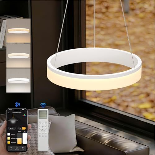 doporro Moderne LED Pendelleuchte, 40cm Dimmbare mit App & Fernbedienung | Esszimmerlampe hängend , 3000–6000K, CRI≥95, höhenverstellbar für Esstisch & Wohnraum, Luvina02, Sandweiß