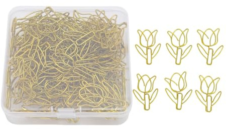 Flower Shaped Paper Clips, 80Pcs Mini Colored Bookmarks Clamp with Transparent Box - Durable Electroplated Iron, Compact Portable Organizer for School and Office (Gold)