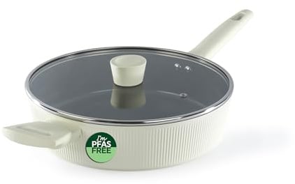 Russell Hobbs Cote Saute Pan 28cm, Ceramic Non Stick, Induction | PFAS-Free Coating, Forged Aluminium Body, Tempered Glass Lid With Steam Vent, Soft-Touch Cool Handles, Cream Finish