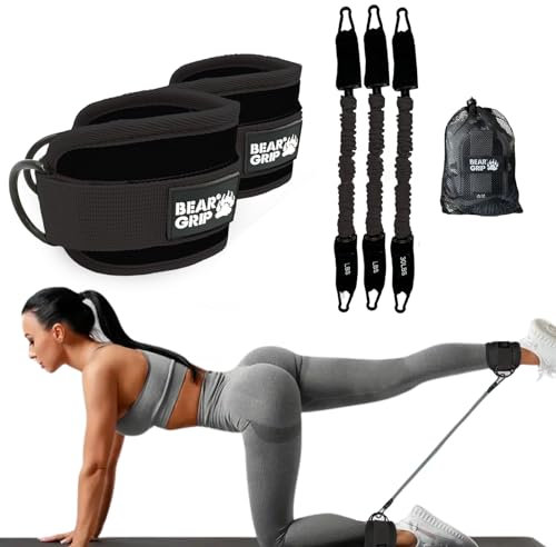BEAR GRIP Resistance Bands with Ankle Straps – Glute & Leg Workout Equipment, Booty Bands for Women, Exercise Band for Kickbacks, Hip Thrusts & Home Gym Fitness Equipment (Black, Cables)