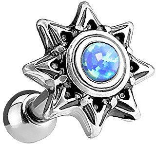 Piersando Tragus Helix Ohr Piercing Cartilage Knorpel Stab Stecker 316 L Chirurgenstahl Stern Blume mit farbigen Opal Perle Silber Blau