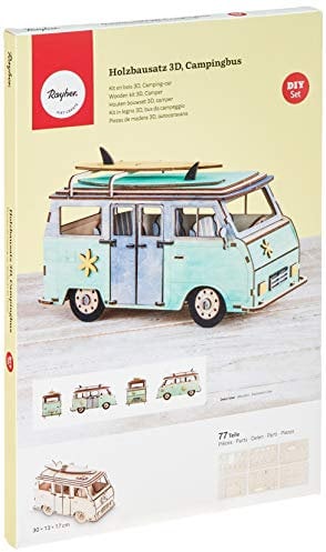Rayher Holzbausatz Campingbus, FSC 100% zertifiziert, natur, 30 x 13 x 17 cm, 79teilig, zum basteln und bemalen, 62879505