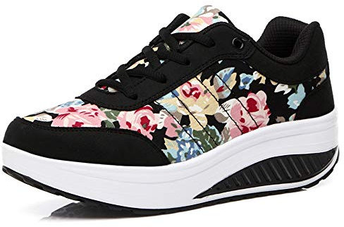 Mujer Adelgazar Zapatos Sneakers para Caminar Zapatillas Aptitud Cuña Plataforma Zapatos(38,5 Negro