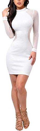 Loalirando Robe Crayon Femme Transparente Sexy Moulante Mini-Robe à Manches Longues Soirée Clubbing Chic Fashion (Blanche, XL)
