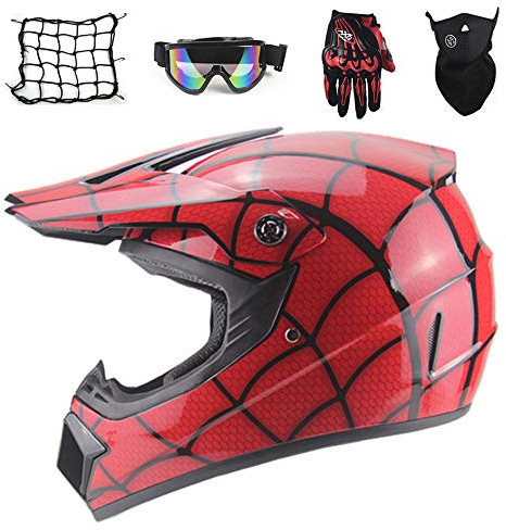 MRDEAR Casque Moto Enfant, Rouge/araignée, Casque VTT Integral Casque Motocross avec Lunettes (5 PCS) Casque Hors Route Set Protection Moto Enduro BMX Velo Quad ATV Scooter (B,S)