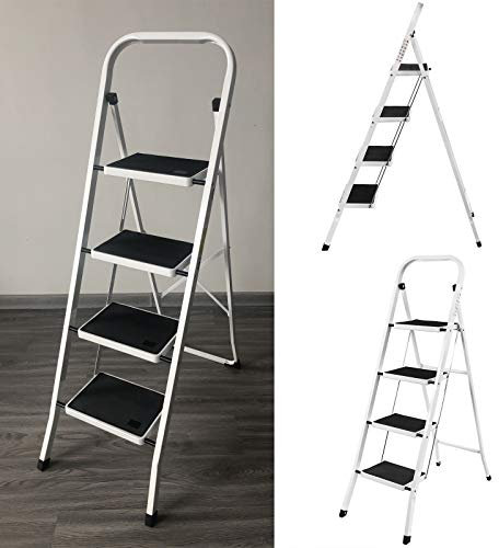 Huini Escabeau de sécurité 4 marches escabeau pliable en acier de haute qualité antidérapant pour cuisine, maison, bureau