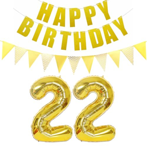 Luftballons Zahl 22 gold + Happy Birthday Girlande + banner Folienballon 22.Geburtstags deko frau mann ballons 22 Jahre Geburtstag deko frauen Zahlenballon 22 Geburtstag dekoration Männer frau(22)