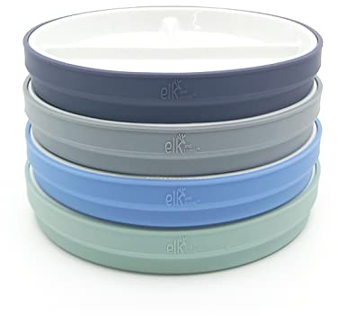 Elk and Friends Kids 6.7” Porcelain White Divided Plates with Silicone Sleeves | Suitable for Babies/Toddlers | Microwave & Dishwasher Safe | Non Slip Dinnerware | Snack Dishes | 4 Pack