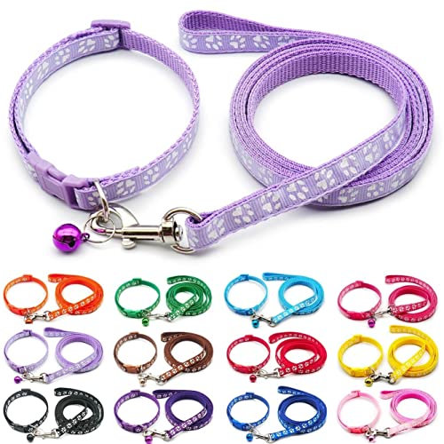 Doggie Style Store Small Dog Puppy Pet Collar and Lead Set Pawprint Design Nylon Adjustable Size 19-32cm Collar with Bell and 120cm Leash Lilac Violet Light Purple