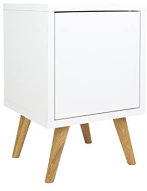 Nachtschrank Weiss mit Regal und Türen - Kleiner Couchtisch Weiß - Beistelltisch Holz Seitenschrank - Betttisch - Nachtkästchen auf Holzbeinen