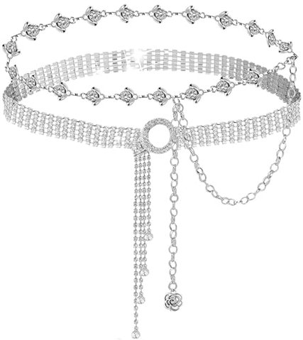 AIGOHOM 2 Stück Frauen Strass Gürtel für Kleid Diamantkette Gürtel Kristall glänzend breiter Gürtel Mode Doppel O-Ring Taillengürtel für Kleider (Silber)