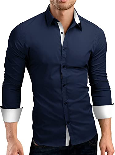 Lyon Becker Men's Contrast Casual Shirts Cotton Polyester Smart Shirt Long Sleeve Top Navy