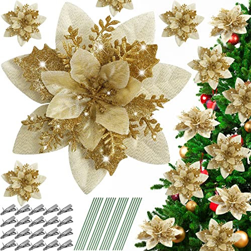 Serwalin 20pcs Christmas Flowers Artificial Gold Poinsettia Flowers Decorations with Clips Stems 14cm/5.5in Glitter Christmas Tree Ornaments Xmas Wedding Party Wreath Garlands DIY