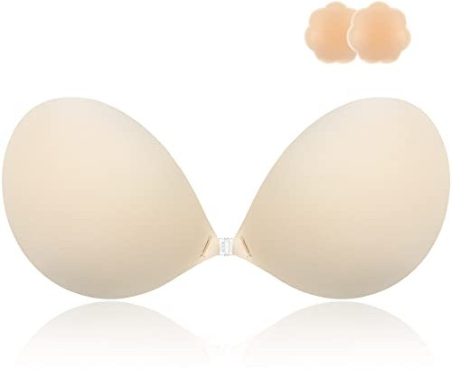 Niidor Adhesive Bra Invisible Sticky Strapless Push up Reusable Macaron Bra for Backless Dress with Nipple Covers, Grey, D