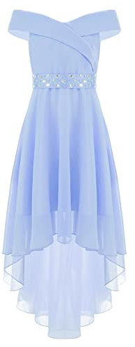 CHICTRY Girls Off Shoulder Hi-Lo Rhinestone Dress Chiffon Bridesmaid Dress Wedding Pageant Evening Gown Sky Blue 11-12 Years