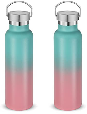 Volhoply 600ml Insulated Water Bottles Bulk Two Pack,Stainless Steel Double Wall Sport Bottle with Lid of Handle,Metal Reusable Flask for School,Cyclists,Hikers,Gift (Green-Pink,Set of 2)