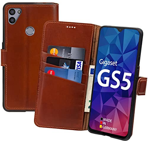 Suncase Book-Style Hülle kompatibel mit Gigaset GS5 Leder Tasche (Slim-Fit) Lederhülle Handytasche Schutzhülle Case mit 3 Kartenfächer in Burned-Cognac