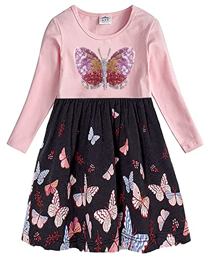 DXTON Mädchen Kleider Pailletten Muster Winter Langarm Kleidung Party Kids Kleid RosaLh5752 6-7 Jahre