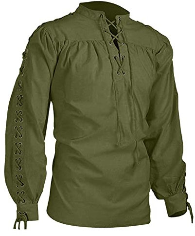 Beokeuioe Herren Leinenhemd Herren Piratenhemd Wikinger Steampunk Retro Renaissance Mittelalter Gothic Viktorianisch Halloween Kostüm Langarm Schnürbluse Vintage