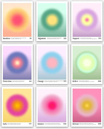 Angel Number Posters - Set of 9 Ästhetisches Engelszahl-Poster, Colorful Decor of Aura Angel Numbers Minimalist Decor, Inspirational Art & Unique Art Gifts for Her, Aura Aesthetic (30cm x 40cm)