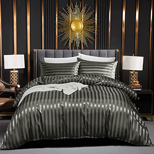 Luofanfei Satin Bettwäsche Grau 135x200 Glanzsatin Glänzend Seide Sommer Bettwäsche Set Uni Graue Glatt Luxus Gestreifte Muster Bettbezug Set mit Reissverschluss und Kissenbezüge 80x80 cm