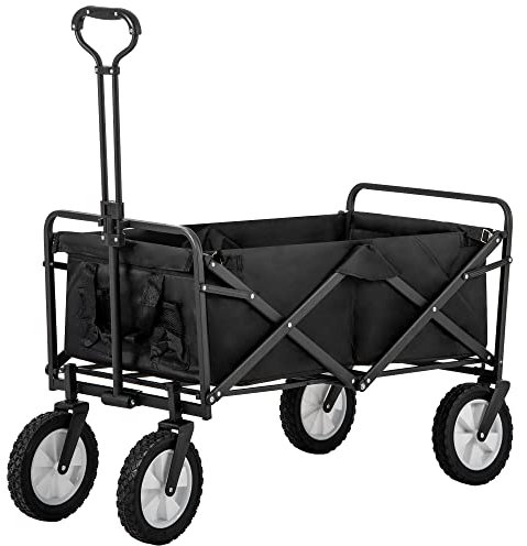 Merax Chariot de transport pliable avec poignées réglables, chariot de jardin avec porte-gobelet, chariot de plage, chariot de pique-nique, rotation à 360° de la roue avant (noir)
