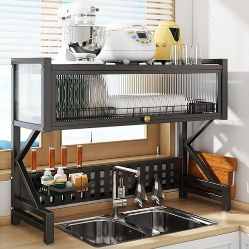 Escurridor de platos sobre fregadero con puerta visible, escurridor de platos sobre fregadero de 2 niveles con ganchos de metal, escurridor de encimera de cocina (100x34.5x82cm)