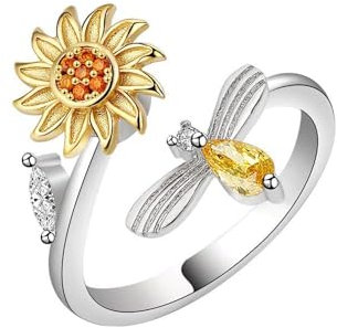 Ozmw 1 Stück Spinning Angst Ring, Sonnenblume Blume Ring, Ringe Verstellbare Offene Anti Stress Ring für Damen