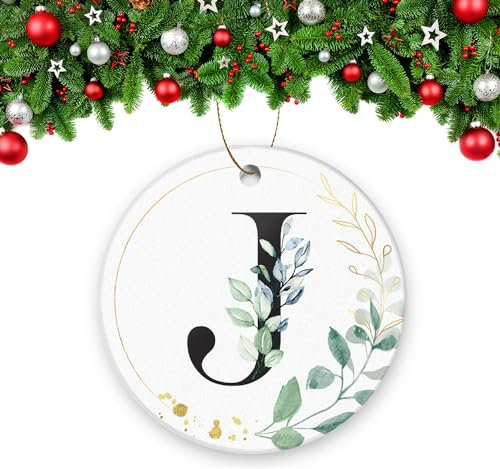 2023 Weihnachtsschmuck Keramik Weihnachtsbaum Dekorationen Langlebig Runde Hängende Ornament 7,5 cm Alphabet Initiale Buchstabe Anhänger - J