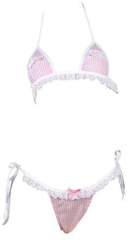 Micro Bikini Extreme Kawaii Tiny Mignon Japonais Anime Cosplay Lingerie Microkini Femme Lingerie Maillot de Bain Soutien-gorge et Panty Ensemble, Rose, S-M