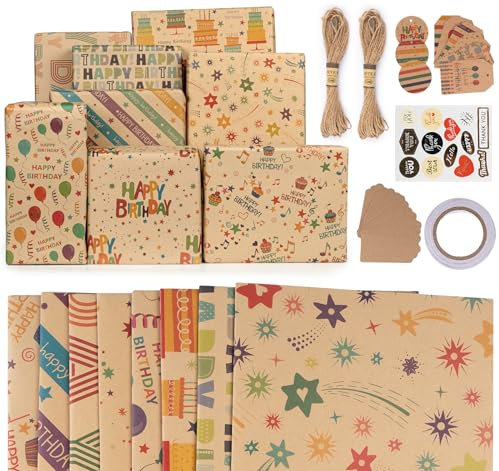 Adorfine Geschenkpapier Geburtstag, 8 Blatt 50 x 70 cm Geschenkpapier Set mit Hanfseile & Geschenkanhänger für Mann Frauen Kind happy Birthday Wrapping Paper