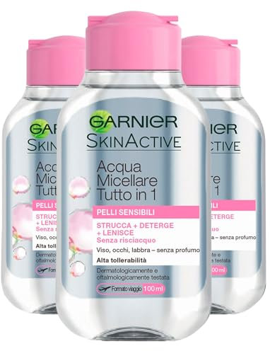 Garnier SkinActive Mizellares Wasser All-in-1 für empfindliche Haut Entferner beruhigt ohne Ausspülen, Reisegröße – 3 Flaschen à 100 ml