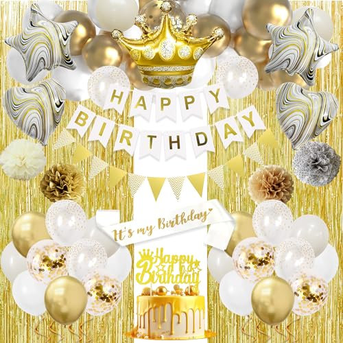 Geburtstagsdeko Weiß Gold - Luftballon Girlande Weiß Gold Beige Mit Happy Birthday Banner, Schärpe, Lametta Vorhang, Papier Pompoms und Tortendeko, Geburtstag Deko für Mädchen Frauen und Jungen Männer