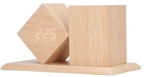 ThreeH Wecker aus Holz mit Stifthalter 3 Stufen Dimmer 3 Alarmeinstellungen Wochentagmodus 12/24H Temperaturanzeige Gelb