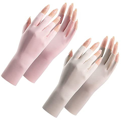 Damen Cool-Ice-Silk fingerlose UV-Schutz-Fahrhandschuhe, lose, dünne, atmungsaktive Outdoor-Sonnenschutzhandschuhe für Nägel, 2 Paar (Rosa und Beige), Short(Half-finger)L21cm-W9cm