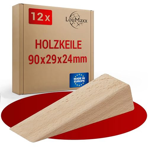 LouMaxx 12er Set Holzkeile klein aus Buche/Esche natur - Keile Holz 90x29x24 mm - Robuste Hartholzkeile als Türkeil Holz, Montagekeile & Verlegkeile – Holzkeil made in Europe – Holzkeile Hartholz