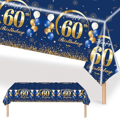MORAINJAY 60 Geburtstag Tischdecke,137x274cm Blau mit Gold Tischdecke für Mann Frau 60 Geburtstag Party,Rechteckige Tischdecke für Geburtstag Party Deko zum 60.