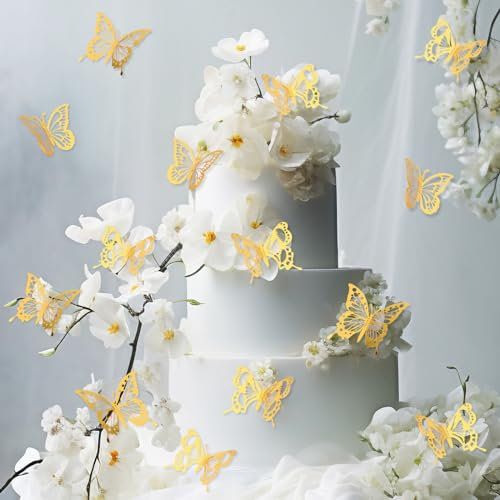 48pcs Butterfly Cupcake Toppers Butterflies for Bouquets,3d Gold Butterflies Gold Butterfly Cake Decorations 8 Styles 8 Sizes Hollow Butterfly Wall Decals,for Classroom Wedding Decor