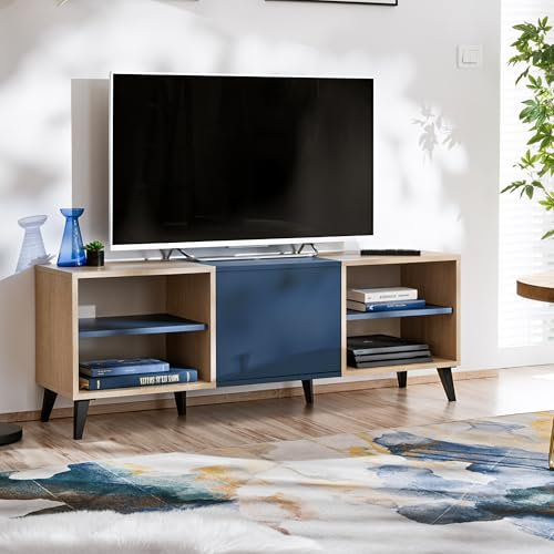 Komodee Fondi Meuble TV lowboard, Bleu, Bois Clair avec Porte et 2 étagères, 136x35x49 cm, pour Salon, Salle à Manger et Chambre