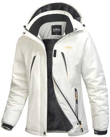 Libin Softshelljacke für Damen Warme Winterjacke Wasserdicht Winddichte Gefütterte Thermojacke Snowboardjacke Wanderjacke Übergangsjacke Funktionsjacke mit Kapuze Weiß L