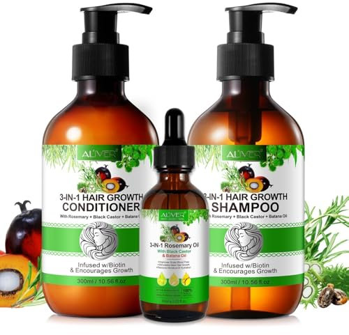 P-BEAUTY 3-IN-1 Shampoo Set - pflegende Spülung für gesundes glänzendes Haar Haardichte Haarwachstum & Haargesundheit - mit Rosmarin, Schwarzem Rizinus und Batana Öl - Conditioner & Shampoo & Haaröl