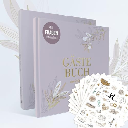 colortouch Gästebuch Hochzeit mit Fragen 104 Seiten zum Ausfüllen, Aufkleber Hochzeit, Hochzeitsbuch mit Hardcover für schöne Erinnerungen, Sticker Gästebuch (325 Motive), Vintage Herz Hochzeitsdeko