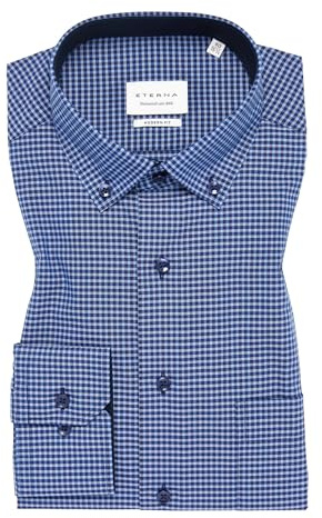 ETERNA Herren Langarm-Hemd | Modern Fit | Blau kariert | Bügelfrei, Knitterfrei | 100% Baumwolle | Button-Down-Kragen Gr. 46