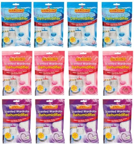 LND Gifts Set Of 12 Scented Hanging Wardrobe Dehumidifiers - Dehumidifier For Bedroom, Dehumidifiers Disposable, Dehumidifier Bags, Lavender, Fresh Linen, Rose Scents