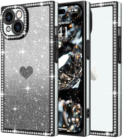 ROSEHUI Case for iPhone 15, Sparkle Cute Love Heart Pattern, Black | Rectangle Bling Rhinestones,Removable Glitter Paper,TPU Shockproof Bumper,Luxury Plating Design,Slim Phone Cover for Women