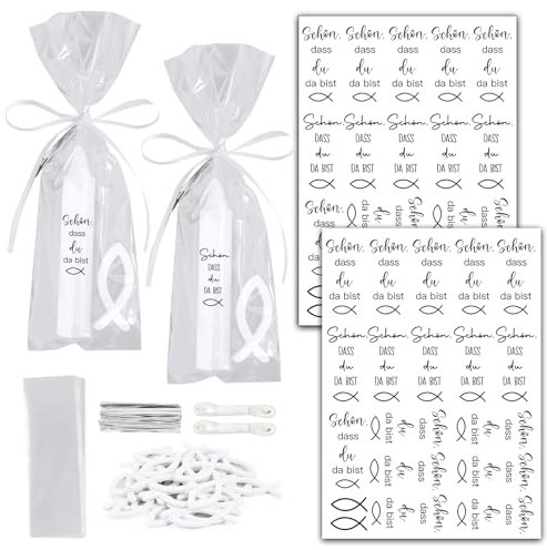 BOOMTOP 2 Blatt Kerzen Tattoos Folie Schön dass du da bist Rub On Sticker mit 50 Kleine Kerzentüten und 50 Holz Fisch Deko Taufe Kerzensticker Gastgeschenke Kerzenaufkleber für Stabkerzen Tassen B