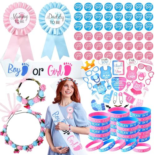 107Pcs Kit de Revelación de Género, Set Revelacion de Genero, Decoración de Revelación de Género, Revelación Genero Bebe Juegos, Pulseras, Pegatinas, Guirnalda, Accesorios para Fotos