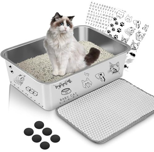 Lohofrnny Edelstahl Katzenklo, Katzentoilette aus Edelstahl, Katzenklo Geruchsfrei für Großes Häschen und große Katze, leicht zu reinigen, Anti-Rutsch Gummiboden (Weiß, 60×40×15cm)